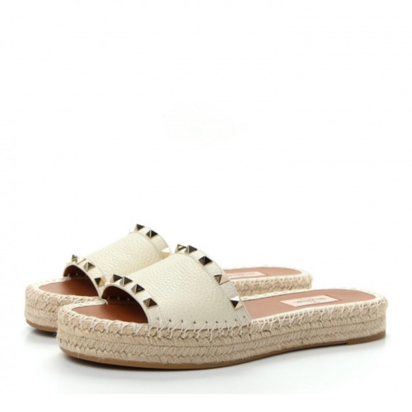 Grained Calfskin Rockstud Espadrille Flat Slide Sandals - Picture 1 of 6
